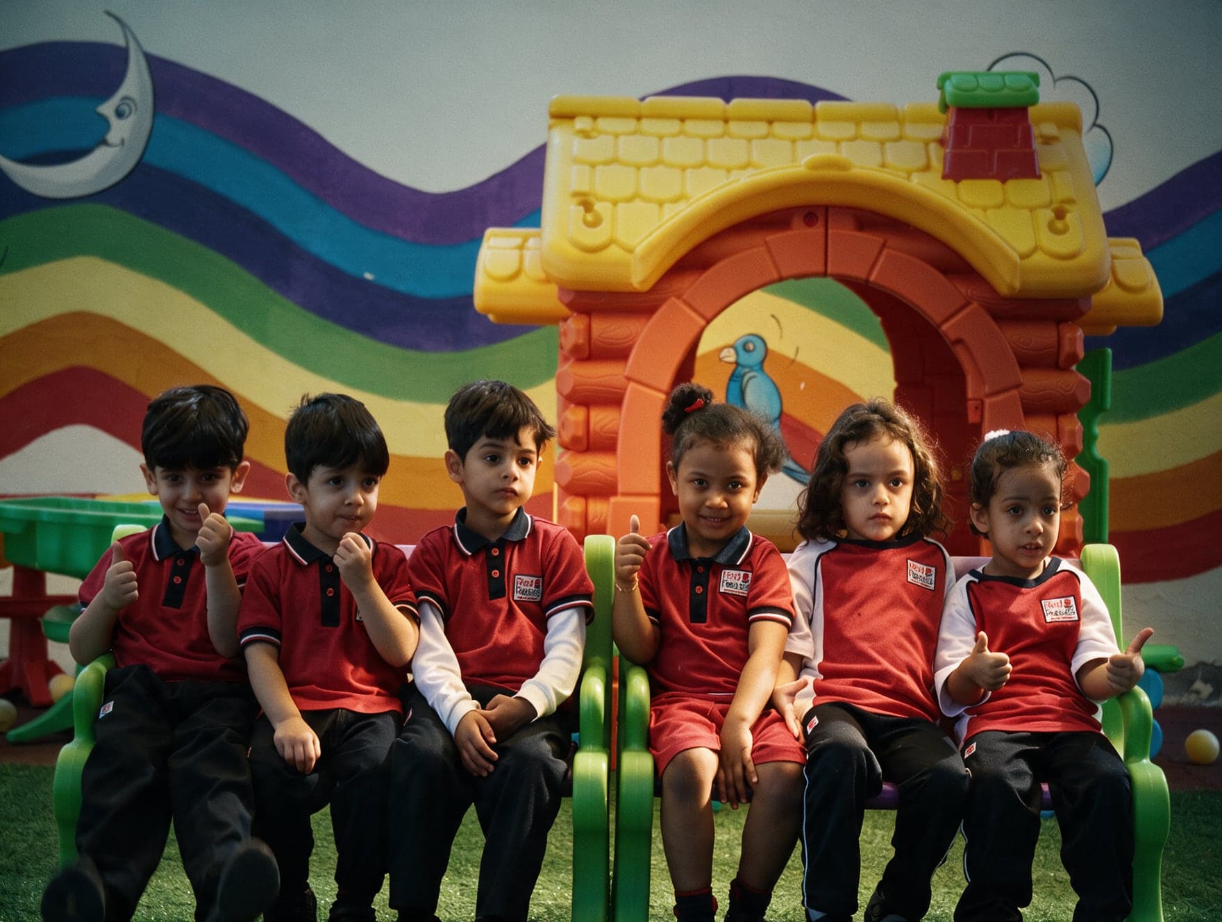 Six children in uniform giving a thumbs up in front of a rainbow mural and a toy playhouse