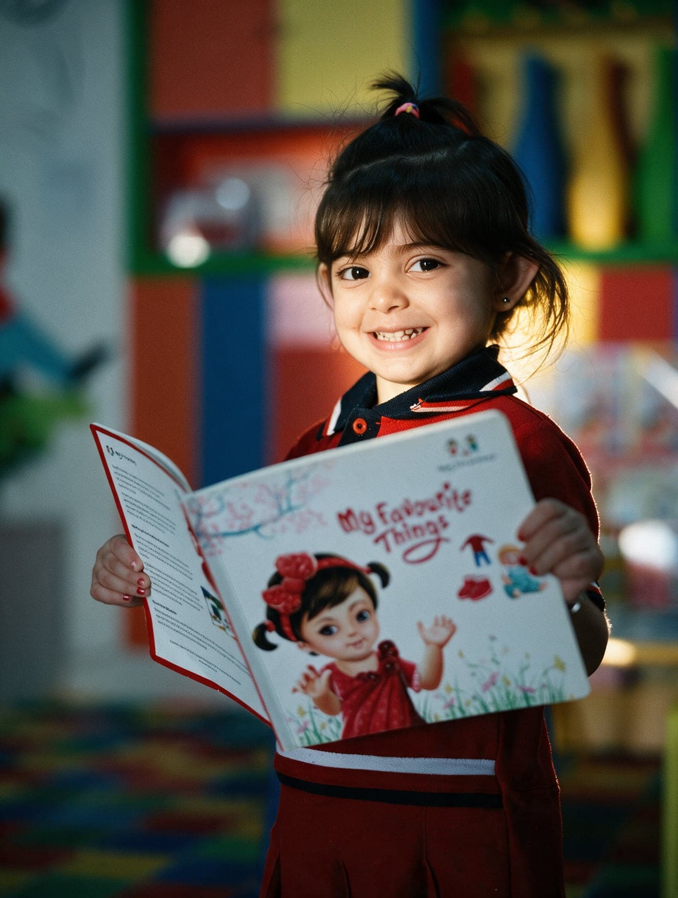 A girl holding open a picture book called My Favourite Things