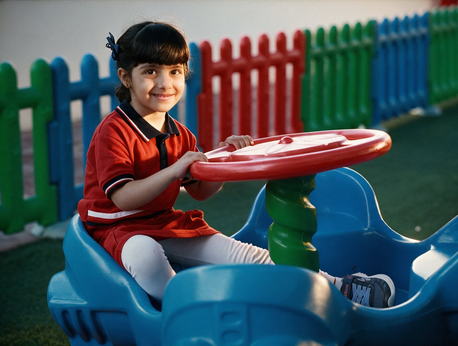A girl steering a blue ride-on toy in the outdoor play area beside a coloured fence