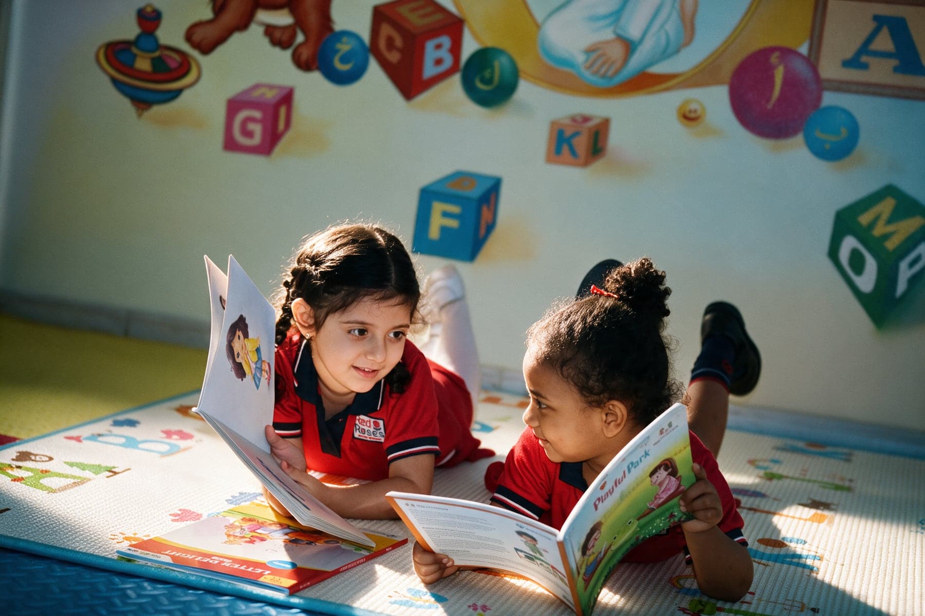 Two girls in Red Roses uniform lying on a play mat reading picture books beneath a mural of English and Arabic letter blocks