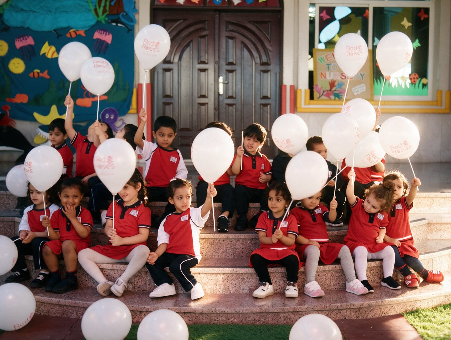 Children in red Red Roses uniforms on the nursery's front steps holding white Red Roses balloons